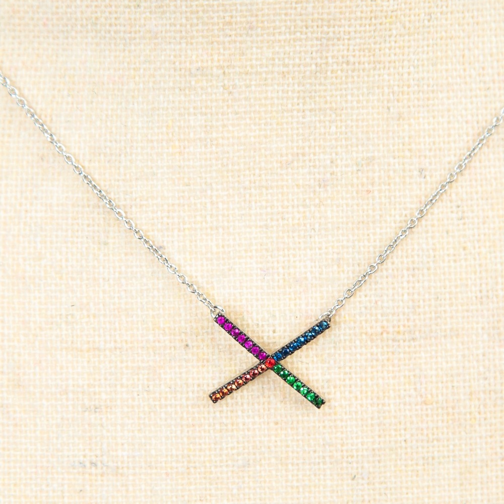 Rarities Carol Brodie Multigem X pendant sterling necklace multi color gemestone